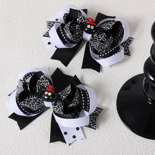 2pcs Halloween Hair Bow Clips for Girls Women 4.3in Halloween Spider Ribbon Hairbow Barrette Alligator Hairpins Teens Toddler Costume Outfit Dress up Party Decor Accessories