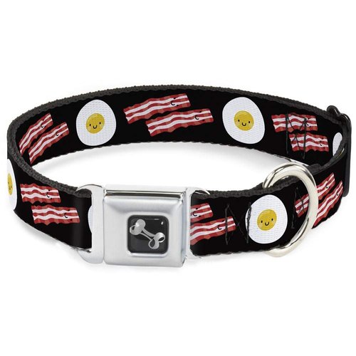 Buckle-Down Seatbelt Buckle Dog Collar - Bacon & Eggs Black - 1" Wide - Fits 9-15" Neck - Small