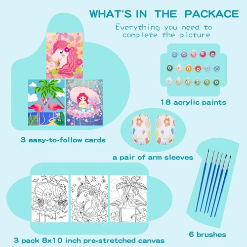 3 Pack Paint by Numbers Kit for Kids, 10*8"Color by Numbers for Kids Framed Canvas with 17 Acrylic Paint Pots and 6 Brushes, Paint by Numbers for Kids Age 8-12, Crafts Art Supplies for Kids 9-12