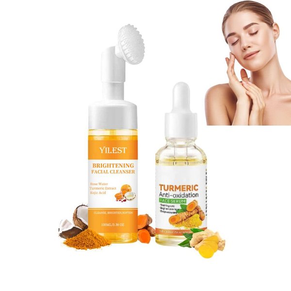 Turmeric Face Wash & Turmeric Face Serum Set, 2 PCS Turmeric Facial Foaming Deep Cleansing Exfoliating, Turmeric Serum for Moisturizing Skin, Multi-Purpose Turmeric Cleanser & Serum for All Skin