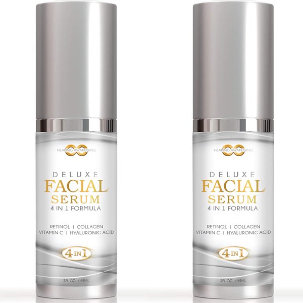 Healing Awakening (2 Pack) 4-in-1 Formula Anti Aging Facial Serum, Boosts Collagen, Hyaluronic Acid, Vitamin E, Retinol, Vitamin C (2.0 oz) (2)