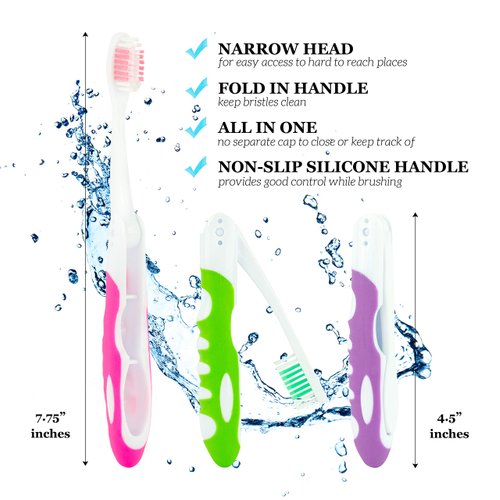 Lingito Travel Toothbrush, Folding Toothbrush Built in Cover, Travel Size Toothbrush for Hiking, Camping, Traveling, Portable Toothbrushes, Collapsible Travel Toothbrush Kit (3 Pack Soft-Multicolor)