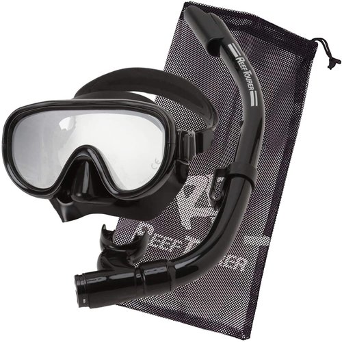 Reef Tourer RC0105 Adult Single-Window Mask & Snorkel Combo Set, Semi-Dry Top, Purge Valve, Panoramic Wide View Tempered Glass Lens, with Reusable Travel Mesh Bag, Black/Black