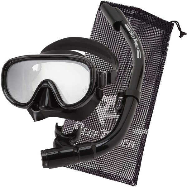 Reef Tourer RC0105 Adult Single-Window Mask & Snorkel Combo Set, Semi-Dry Top, Purge Valve, Panoramic Wide View Tempered Glass Lens, with Reusable Travel Mesh Bag, Black/Black