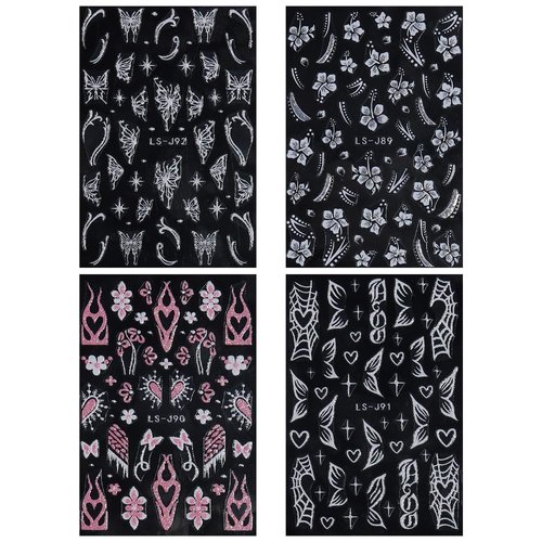 8 Sheets Pink Glitter Flame Butterfly Heart French Tip Nail Stickers,Shiny Silver Flowers Hearts Cobweb Nail Decals 3D Star Nail Art Sticker for Women Nail Art Supplies Nail Designs Nail Accessories