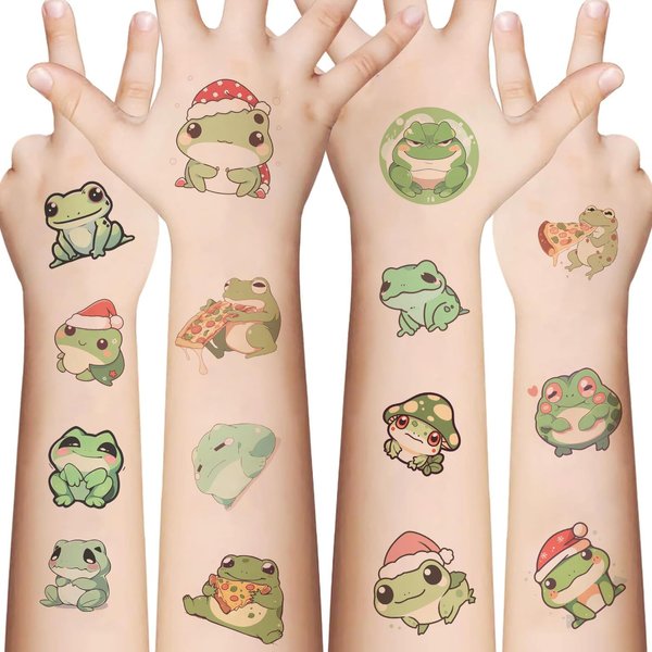 97Pcs Frog Temporary Tattoos for Kids,Cute Frog Stickers, Frog Birthday Decorations, Frog Party Favors for Kids, Boys, Girls, Men, Women(10 Sheets)