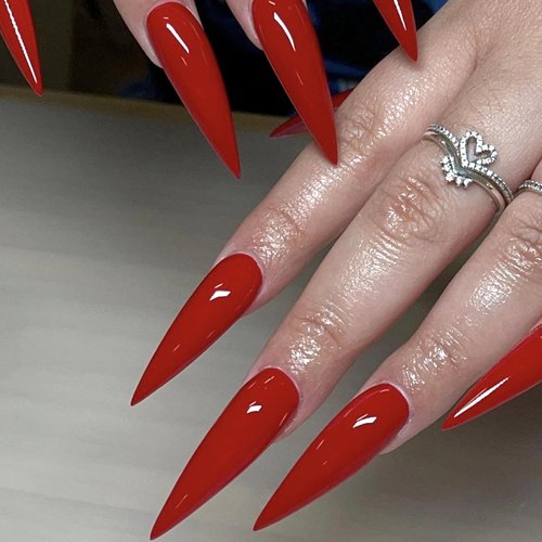 MERVF Stiletto Press on Nails Long Fake Nails All Red Almond Glue on Nails Solid Color Acrylic Nails Press ons Artificial False Nails 24pcs Glossy