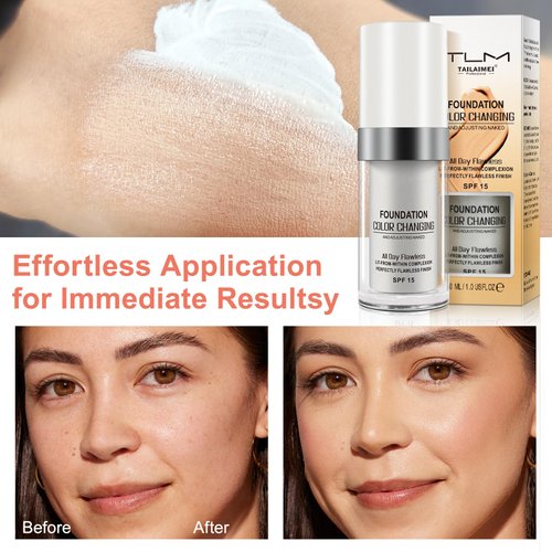 Foundation Color Changing 2pcs, Base Makeup Color Changing Foundation with Moisturizing, Oil Control and SPF15, Full Coverage Liquid Foundation Hides Wrinkles & Lines