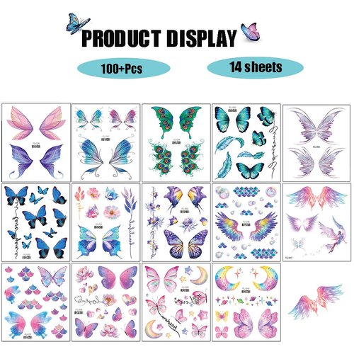 Glitter Butterfly Makeup Temporary Tattoo Stickers Colorful Butterflies Wings Fake Tattoos for Women Girls Festival Birthday Party Favors Face Eye Decoration Supplies (14 Packs)