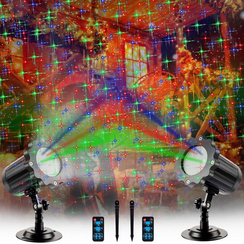 Treela 2 Pcs Christmas Projector Light Xmas LED Projector RGB Motion Christmas Garden Projection Lights Waterproof Spotlight Outdoor for Xmas Party Decor (Black Shell, 3 Color Light,Cross Star)