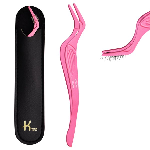 KHADMI IMPEX Eyelash Applicator Tool in Leather Case -Best Lash Cluster Applicator-with Stainless Steel Curved Design Lash Applicator Use for Wisps Lashes(Baby Pink)