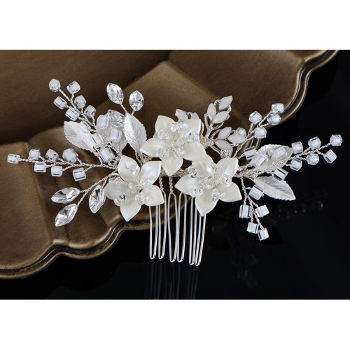 Alilang Bridal Hair Comb with Silvery Tone White Flowers and Pave Crystal Rhinestone
