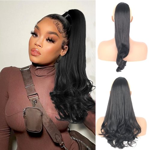 Matthia Long Ponytail Curly Hair Extensions Drawstring Ponytail for Black Women, 18inch Clip in Ponytails Hair Extensions Flipped ends Ponytail Hair Pieces for Women Fake Ponytail (1B#)