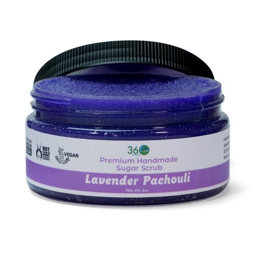 360Feel Lavender Patchouli Sugar Body Scrub - Great for Exfoliating Body Scrub Acne Scars Stretch Marks Foot Scrub Great Gifts For Women - 8 Fl Oz