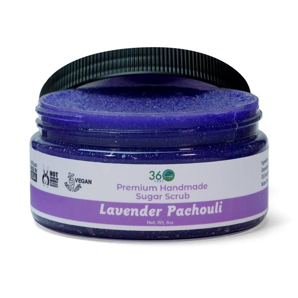 360Feel Lavender Patchouli Sugar Body Scrub - Great for Exfoliating Body Scrub Acne Scars Stretch Marks Foot Scrub Great Gifts For Women - 8 Fl Oz