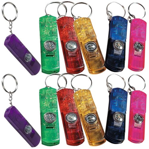 3 in 1, Whistle / Compass / Flash Light Key Chain - Set of 12 - Handouts and Party Favors