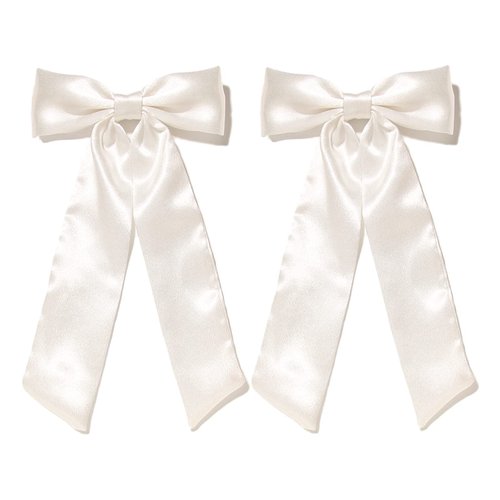 Furling Pompoms Hair Bow Clips for Women,White Hair Bows Clips,2pcs Long Tail Ribbons Bows, Big Satin Bows Hairpins Barrettes Girls Hair Accessories