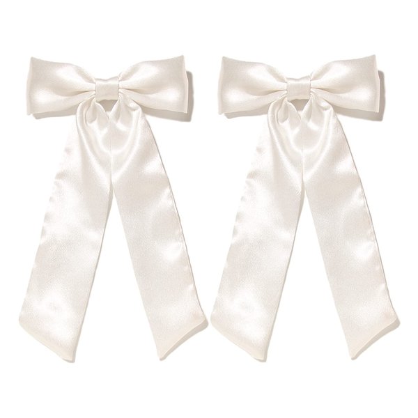 Furling Pompoms Hair Bow Clips for Women,White Hair Bows Clips,2pcs Long Tail Ribbons Bows, Big Satin Bows Hairpins Barrettes Girls Hair Accessories