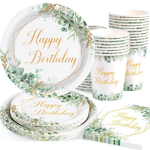 OTTPOOM 100 PCS Sage Green Birthday Decorations Sage Green Birthday Paper Plates Napkins and Cups Disposable Tableware Sage Green and Gold Happy Birthday Party Supplies for 25 Guests