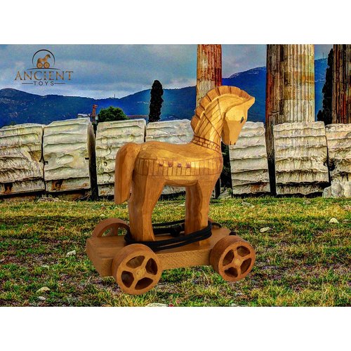 Johnny World - Ancient Toys - Wooden Trojan Horse Pull Toy with Hardcover Book! Teach Children About History Through Interactive Play
