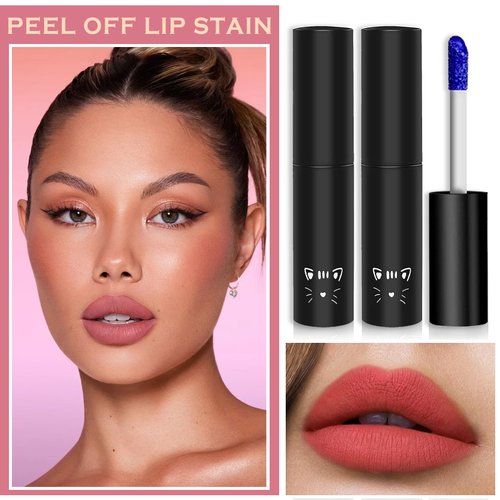 QIUFSSE 2PCS Peel Off Lip Stain Lip Tint Matte Liquid Lipstick Nude Lip Gloss Long Lasting Waterproof Lip Tint Stain Non-stick Cup Peel Off Lipstick Lip Makeup for Women Girls （01#+02#）