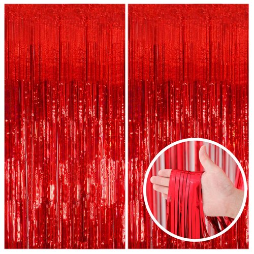2 Pack Red Streamers Party Backdrop Christmas Decorations Foil Fringe Backdrop Curtains Carnival Casino Theme Birthday New Year Holiday Celebration Bachelorette Party Decorations Supplies