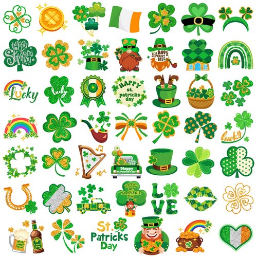 HOWAF 96pcs St. Patrick's Day Temporary Tattoos,Glitter Shamrock Tattoo Stickers for Irish Party Decorations,Lucky Clover Face Tattoos with Leprechaun for Green Party Parade Makeup