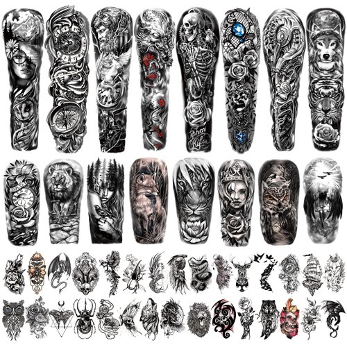 Full Arm Temporary Tattoo Waterproof For Men(L22.8“xW7”), 46 Sheets Fake Tattoos for Women Lion Tiger Clock Flower Skeleton Animals Design, Hand Forearm Shoulder 3D Temporary Tattoos Stickers