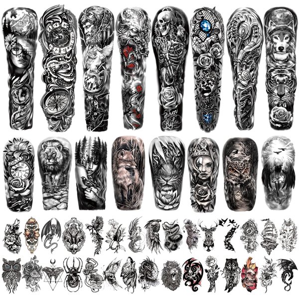 Full Arm Temporary Tattoo Waterproof For Men(L22.8“xW7”), 46 Sheets Fake Tattoos for Women Lion Tiger Clock Flower Skeleton Animals Design, Hand Forearm Shoulder 3D Temporary Tattoos Stickers
