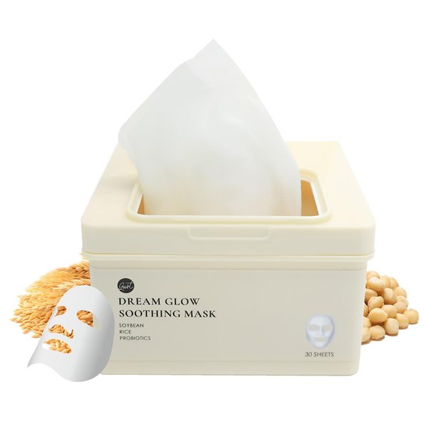 glowiest DREAM GLOW BEAUTY MASK (30ea) - Soybean + Rice + Probiotics | Korean Facial Skin care, Daily Deep Soothing Sheet Mask, Niacinamide, Multi-weight hyaluronic acids sheet