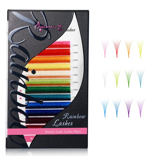 Beauty7 Colored Lash Extensions Rainbow Lashes Easy Fan 12 Colors Lashes Self Fanning Ombre Lash Extensions D+ Curl 0.05mm thickness 13mm Dramatic Eyelashes Extension