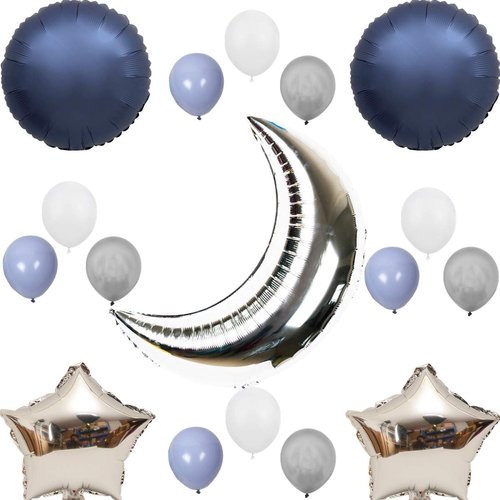 InBy 20pcs Silver Moon Balloon Party Decoration Kit 36" Moon 18" Star Foil Mylar Balloon 12" Latex Balloon for Baby Boy Girl Shower Birthday Wedding Sky Night Moon Star Theme Party Supplies Decor