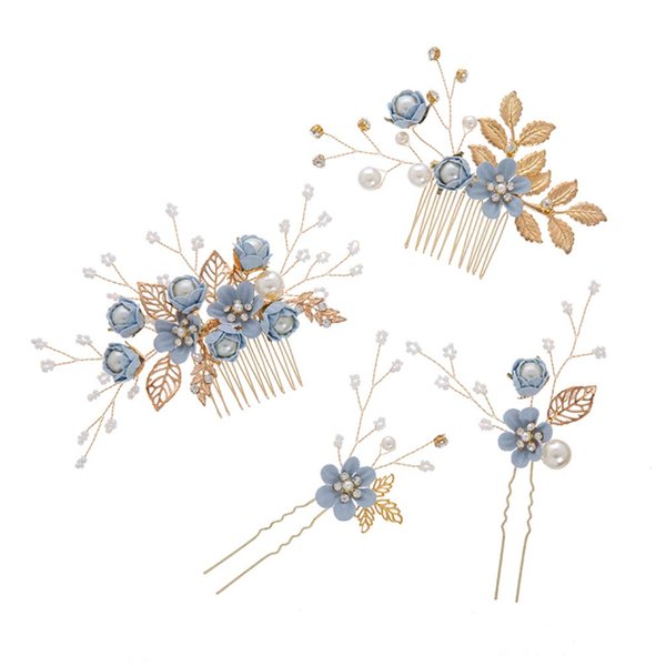 NUOBESTY 4 Pcs Wedding Hair Comb Rhinestones Crystal Floral Bridal Hair Clips Hair Pin Hair Jewelry for Wedding Dress Accessories (Blue)