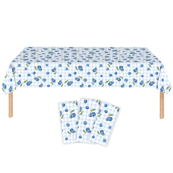 Bourns 3pcs Blueberry Birthday Party Tablecloths,Disposable Blueberry Table Cloths,Rectangle Waterproof Table Cover for Girls and Boys Birthday Party Graduation Anniversary Indoor Outdoor 54x108 Inch