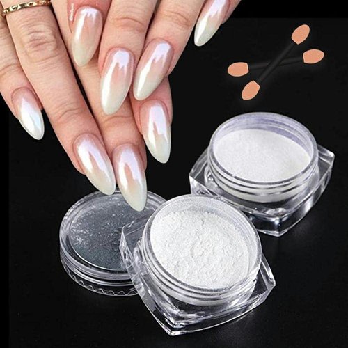 2 Boxes White Pearl Chrome Nail Powder, Mirror Effect Aurora Magic Pearlescent White Nail Powder Pigment, Glitter Nail Art, Holographic Ice Aurora Dust Nail Powder for Manicure Decorations