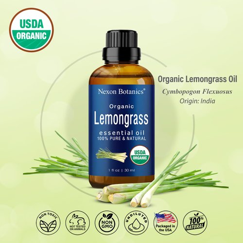 Organic Lemongrass Essential Oil 30 ml - Natural, Pure Lemongrass Oil for Diffuser, Aromatherapy - Lemon Grass Essential Oil for Skin Use, Hair Care - Undiluted - Nexon Botanics