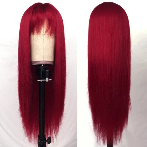 QD-Tizer Red Long Silky Straight Wigs with Bangs, Heat Resistant Synthetic No Lace Wig for Fashion Women, Natural Looking Hair Replacement Wig for Party Cosplay
