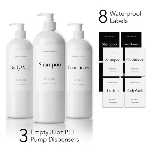 MOIIKKO 32oz Refillable Shampoo and Conditioner Dispenser Bottles - Set of 3 Empty Shampoo Conditioner Body Wash Dispenser with 8 Waterproof Labels