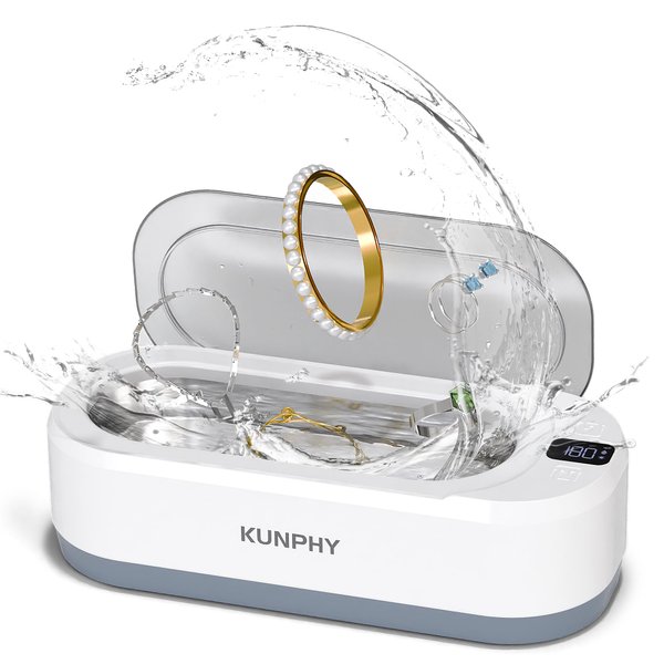 Upgraded KUNPHY Ultrasonic Jewelry Cleaner, 350ML 48KHz Professional Sonic Cleaner Machine with 3 Digital Timer, One-Touch Operation for Eyeglass, Watches, Ring, Silver, Gold, Earrings, Coins