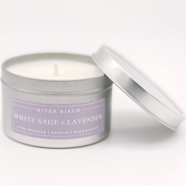 River Birch Candles White Sage + Lavender Scented Candle | Premium, All-Natural, Non-Toxic, Soy Candles | 8 oz. Silver Tin Travel Candle | Cozy Relaxing Gifts for Home