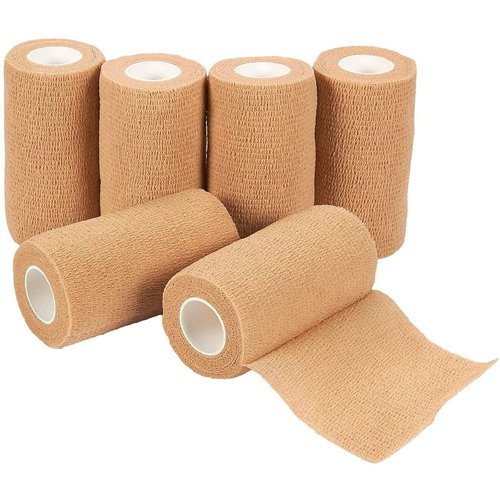 Juvale 6-Rolls Self Adhesive Bandage Wrap, Vet Tape - 4 in x 5 Yds Breathable, Elastic Cohesive Wrap Tape for Wrist, Swelling, Sports, Tattoo (Tan)