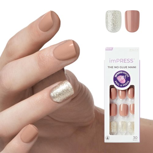 KISS imPRESS No Glue Mani Press On Nails, Design, One More Chance', Gold, Short Size, Squoval Shape, Includes 30 Nails, Prep Pad, Instructions Sheet, 1 Manicure Stick, 1 Mini File