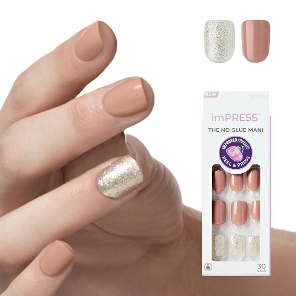 KISS imPRESS No Glue Mani Press On Nails, Design, One More Chance', Gold, Short Size, Squoval Shape, Includes 30 Nails, Prep Pad, Instructions Sheet, 1 Manicure Stick, 1 Mini File