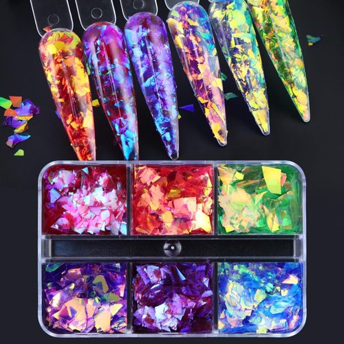 Irregular Chunky Nail Glitter Sequins Holographic Iridescent Nail Art Flakes Glass Confetti Fragments Nail Supplies 3D Laser Mermaid Nail Sequins for Women Girls Acrylic Nail Decoration Crafts