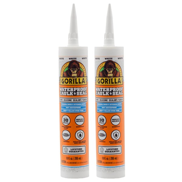 Gorilla Waterproof Caulk & Seal 100% Silicone Sealant, White, 10oz Cartridge (Pack of 2)