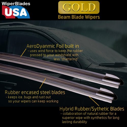 WiperBladesUSA Gold 26" & 18" (Set of 2) Beam Wiper Blades High Performance Automotive Replacement Windshield Wipers For My Car, Easy DIY Install & Multiple Arm Types