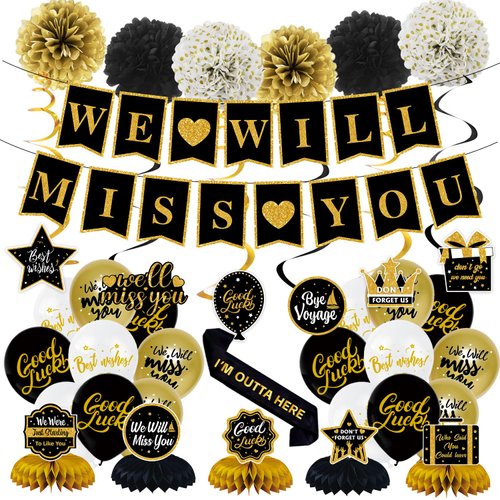 KMCCUMBER Farewell Decorations Party, We Will Miss You Decorations Include Banner Hanging Swirls Balloons Honeycomb Centerpieces Sash, Going Away Party Decorations