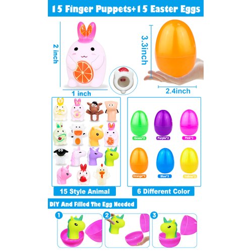 15 Pack Easter Eggs Filled Animal Finger Puppets Easter Basket Stuffers 3.3" Plastic Easter Eggs Fillers Bunny Chick Fidget Toys Surprise Eggs Easter Hunt for Kids Girls Boys Classroom Party Favor