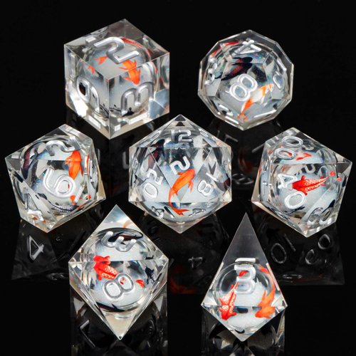 KERWELLSI Sharp Edge Resin Dungeons and Dragons Dice Set D&D, 7Pcs Polyhedral Liquid Core Koi Fish DND Dice with Gift Box, Float Sticker D and D RPG Role Playing Dice D20 D12 D10 D8 D6 D4