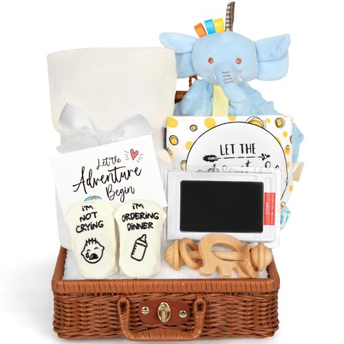 Baby Boy Gifts, Baby Gift Set for Newborn Essentials Infant Blanket Rattle Elephant Lovey Toys Keepsake Bibs Socks, Baby Shower Gifts Basket, New Born Baby Gifts for Boys